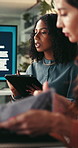 Manager, women and collaboration in meeting with tablet, explain or research idea for sustainability. People, management advice and talk in office with tech, review or plan for eco friendly business.