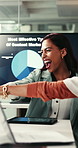 Excited, people and team building in office with hands together, applause and success for marketing stats. Woman, coworkers and synergy in business with data charts, celebration or advertising goals.