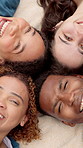 Happy, circle and face of friends outdoor with bonding, connection and community together. Smile, diversity and portrait of people from above with support, trust and solidarity on picnic in park.