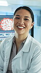 Scientist, face and happy woman with computer screen in lab, online and pride for healthcare career. Clinic, medical professional and Asian person with smile for covid 19 vaccine development on web