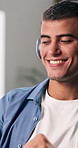 Man, dance and headphones with tech in office for web design, editing and listening to music. Multimedia, audio and creative designer with energy for online radio, sound and digital streaming