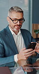 Phone, reading and glasses with business man in office for account manager, contact and research. Trader feedback, communication and online advisor with mature employee for investor and network