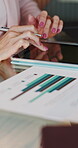 Documents, tablet and hands of business woman in office for investor report, research and data. Portfolio graph, planning and budget proposal with employee in agency for account, online and project