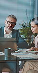 Meeting, laptop and planning with business people in office for budget, discussion and team. Collaboration, revenue report and broker advisor with employees for account portfolio and online proposal