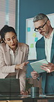 Meeting, tablet and planning with business people in office for budget, discussion and team. Laptop, revenue report and broker advisor with employees for account portfolio and online proposal