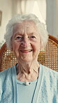 Wellness, face and old woman in house with laugh, positive attitude and calm on weekend break. Portrait, peaceful or senior person with happiness, optimism and good time in retirement home.
