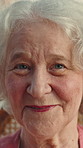 Senior, happy woman and face with positive attitude for retirement, health insurance or care. Portrait, elderly pensioner or female person with smile, pride or comfort in nursing home or house