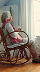 Senior woman, window and thinking with coffee in home for vision, memory and relax in rocking chair. Old person, tea cup and drink in house for retirement, peace and reflection for ideas and memories