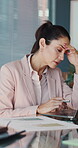 Stress, laptop and worry with business woman in office for bankruptcy, debt notice and crisis. Mistake, problem solving and frustrated with mature person in agency for account error and anxiety
