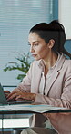 Laptop, thinking and research with business woman in office for trader report, vision and email. Online audit, account manager and reflection with mature person for opportunity and financial advisor