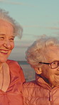 Women, beach and senior friends with view, wind and happiness together on tropical island. Elderly people, smile and sightseeing in nature with breeze, summer vacation and holiday in retirement