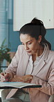 Writing, documents and research with business woman in office for trader report, checklist and review. Audit, account manager and paperwork with mature person for planning and financial advisor