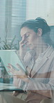 Stress, headache and businesswoman in office with tablet for research on finance report with budget. Digital technology, migraine and female financial manager with email for investment proposal.
