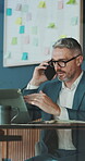 Laptop, phone call and advice with business man in office for account manager, payroll review and research. Budget planning, tax audit and contact with mature person in agency for online project
