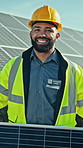 Face, solar panel or man in nature, engineering for renewable energy, smile or safety helmet. Happy person, power generator or employee with grid system, ecology project or inspection for maintenance