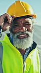 Outdoor, face and man with smile for solar energy, pride and civil engineer with career development. Happy, mature black person and saving power with photovoltaic system, maintenance and sustainable
