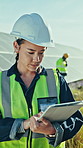 Tablet, woman and technician by solar panels on farm for planning, maintenance or repairs. Renewable energy, digital technology and sustainable engineer with inspection of photovoltaic cells outdoor.