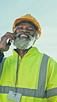 Outdoor, architect and man with smile for phone call, laugh and discussion for property development. Happy, mature builder and black person with mobile for funny chat, network and construction update