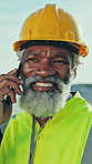 Phone call, black man and solar panel engineer in nature for clean energy, feedback or smile. Mobile, photovoltaic worker and mature person outdoor, talk or site evaluation for renewable power