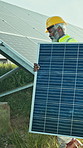 Solar panel, black man and install outdoor for clean energy, grid or system maintenance. Photovoltaic engineer, mature person and carry cell in nature for electricity generation, green power or space