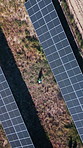 Drone, engineer and inspection with solar panels in field for renewable energy, electricity and sustainability. Above, person and photovoltaic farm for maintenance, eco friendly power system and grid