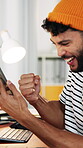 Phone, excited or man with fist pump in creative agency, ads engagement goal or campaign success. Celebrate, achievement or happy marketer with tech for good news, winner or target audience increase