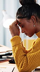 Stress, headache and businesswoman in office with burnout for creative project with deadline. Exhaustion, tired and female magazine editor with migraine and fatigue for article publishing at agency.