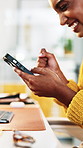 Happy woman, winning or fist pump with phone in office for promotion, bonus or achievement. Excited, female person or hands with smile or smartphone for salary increase, app or good news in workplace