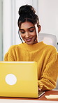 Smile, business and woman with laptop in office for research, editing article and review newsletter. Happy, female person and proofreading with pc, copywriting report and submission with draft update