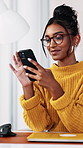 Woman, phone and texting with smile at startup with contact, glasses and scroll at media company. Person, smartphone and happy with mobile app, virtual chat and notification on web at creative agency