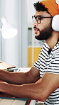 Headphones, video call and businessman in office with communication for creative project. Online meeting, talking and male magazine editor on virtual discussion with audio tech at startup agency.