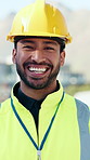 Face, architecture and man with smile, safety vest and career ambition for development. Person, professional and employee with confidence, happiness and engineering for maintenance and renovation