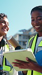 People, architect and meeting with tablet outdoor for research, floor plan and building design. Smile, women and digital for site inspection, blueprint and team schedule for infrastructure expansion