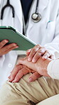 Doctor, empathy and hands with tablet in hospital, conversation and explaining diagnosis on website. Medical professional, online and talk with elderly person, kindness and test results in clinic