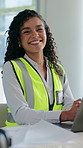 Architect, laptop and woman with smile for design, floorplan and building renovation. Engineer, portrait and worker with tech for urban planning, blueprint and document for project management