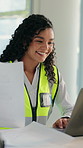 Architect, blueprint and happy woman with laptop in office, online and plan for property development. Reading, document and person with tech for architecture design, civil engineer or smile with info