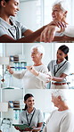 Physiotherapy, collage and senior woman stretching for rehabilitation, wellness and medical service. Healthcare, retirement and physical therapist with patient for recovery, support and mobility