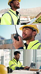City, architect and happy man with blueprint, thinking and plan for property development and online. Outdoor, civil engineer and person with radio for site inspection, series and architecture on web