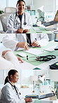 Collage, doctor and Asian woman in office with documents for career, medical service and admin. Healthcare, hospital and portrait of person for consulting, health support and patient report at clinic