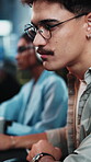 Glasses, happy or journalist in office with tech, draft review or good news in article feedback. Coworking, man or copywriter with computer, story breakthrough or industry research for publication.