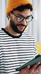 Scroll, man and tablet in office with smile, article planning and research with source. Journalist, male person and creative agency with glasses for networking, story feedback and project update