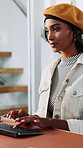 Woman, computer and typing in office for journalist, article planning and research with source. Communication, female person and creative agency with tech for schedule, story feedback and networking