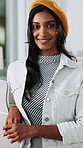 Happy, professional and face of businesswoman in office with confidence for creative career. Smile, entrepreneur and portrait of female magazine editor with pride for publishing job growth at startup