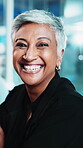 Business, laugh and face of woman in office for journalism, creative experience or about us pride. Journalist, mature person and happy at media agency for career development, news reporting or growth