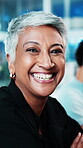 Creative, laugh and face of woman in office for journalism, writing experience and about us pride. Journalist, mature person and happy at agency for career development, news reporting and coworking