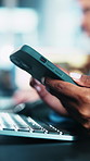 Phone, hands and businessperson in office with texting, networking or communication on mobile app. Technology, typing and employee on cellphone for email, contact or connectivity in workplace.