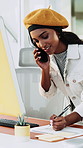 Business, woman and writing with phone call in office for contract, policy or online registration. Female person, secretary or administrator talking with smartphone, form or application in workplace
