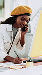 Woman, secretary and writing with phone call in office for contract, policy or online registration. Female person, administrator or planner talking with smartphone, form or application in workplace