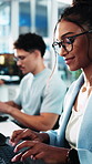 Woman, typing and research in office with computer, news report and investigation for online article. Coworking, writer and person in workplace with desktop, glasses and story for media publication.