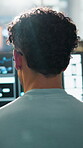 Back, programming and man with computer screen in office, system optimization and server maintenance. Coding, software review and backend developer with tech for update, algorithm check and testing